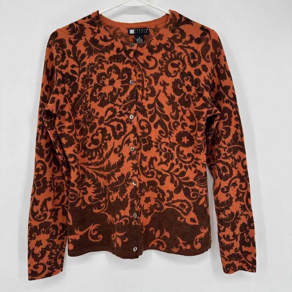 Carole Little Sweater Womens Small Brown Orange Floral Cardigan Lambswool Angora